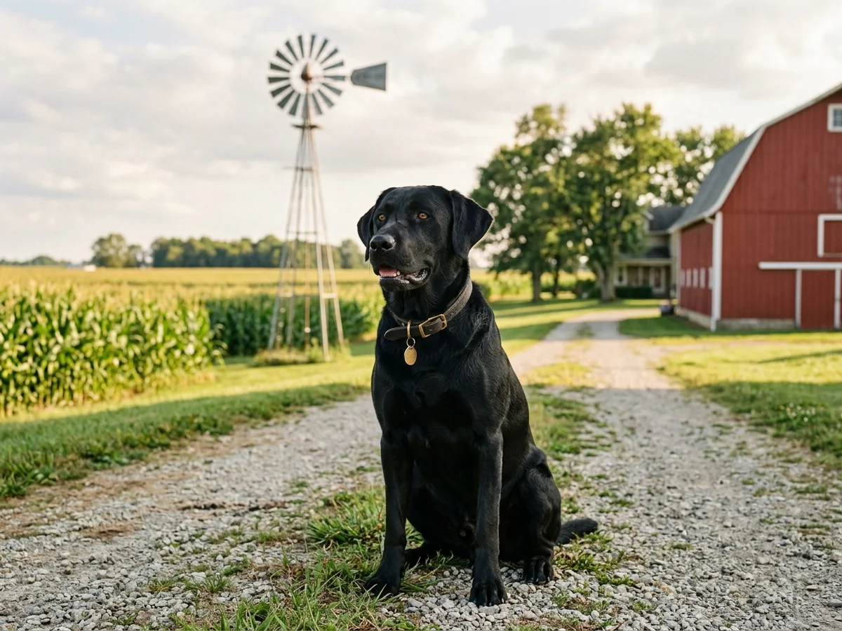 Black Labrador retriever in central Indiana corn-belt farmstead representing Heritage Creek Labs