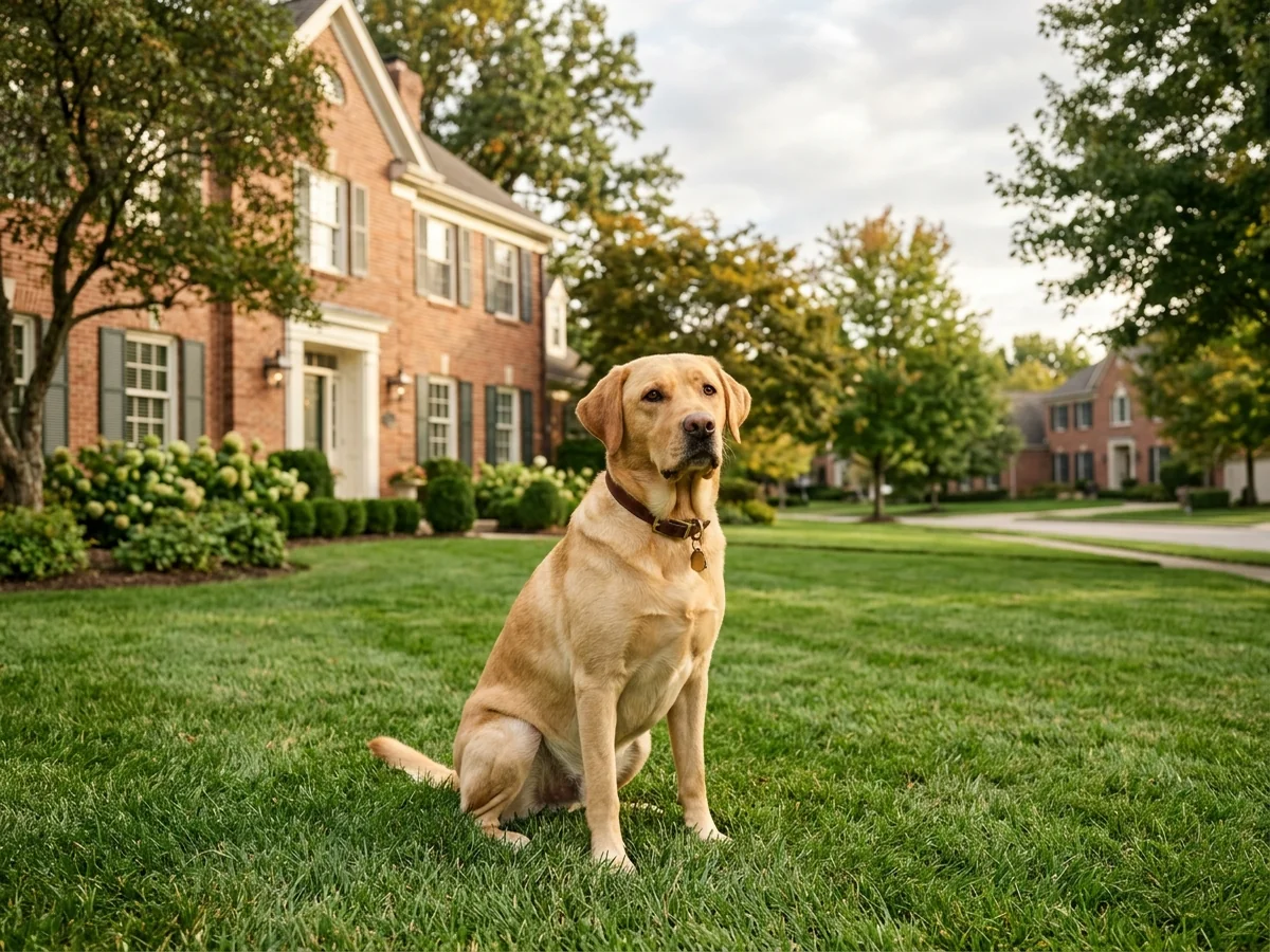 Yellow Labrador retriever in a Zionsville Indiana upscale neighborhood representing Hunt Club Labradors