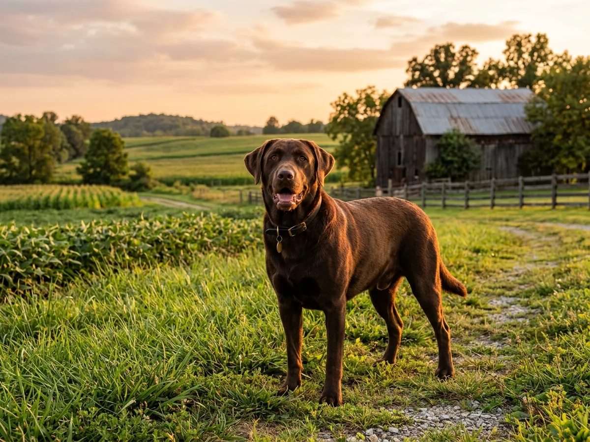 Chocolate Labrador retriever in southeast Indiana farmland with tobacco barn representing Ivy Leash Labradors