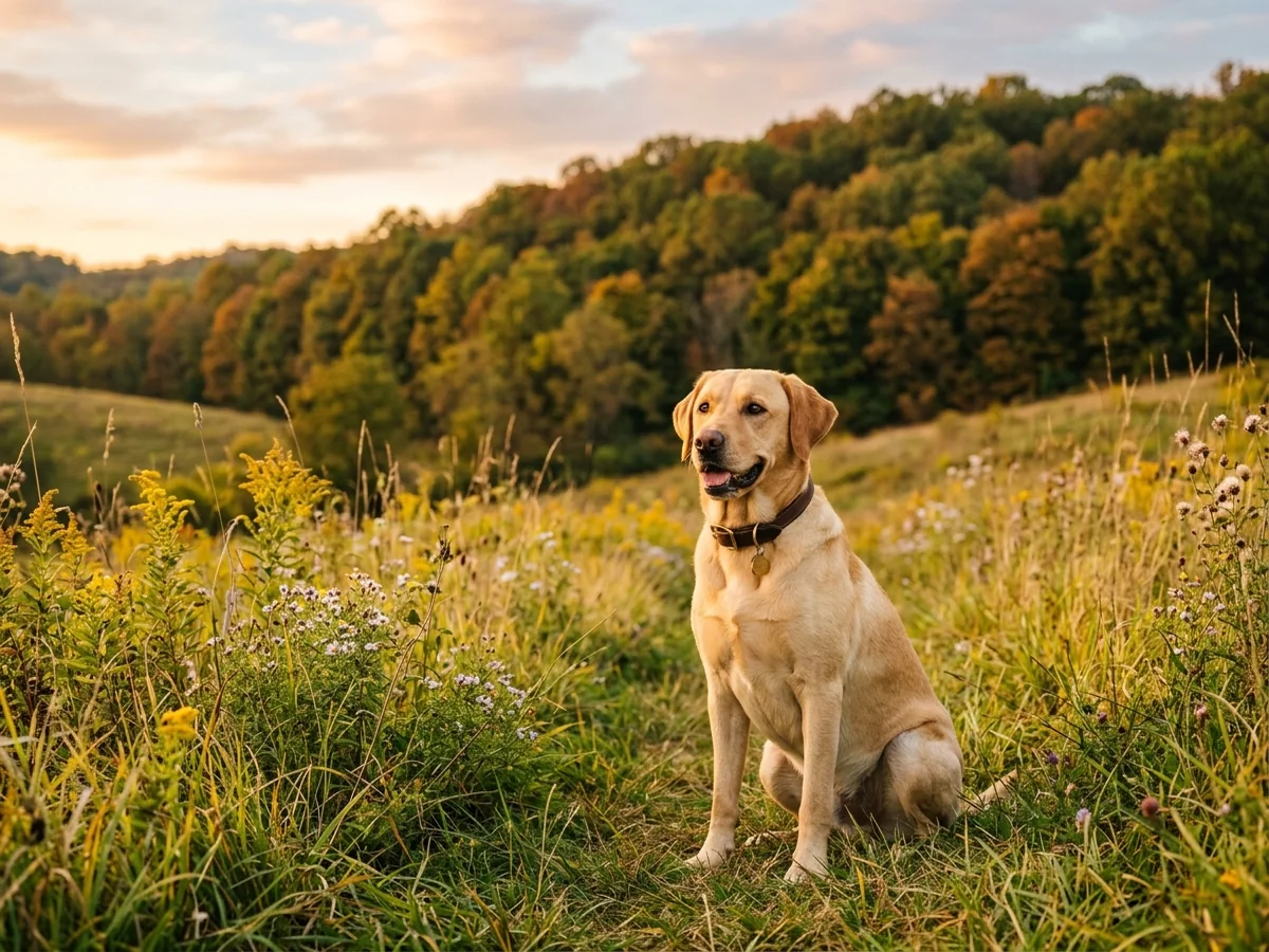 Yellow Labrador retriever in southern Indiana hill country meadow representing Lost River Ridge Labradors