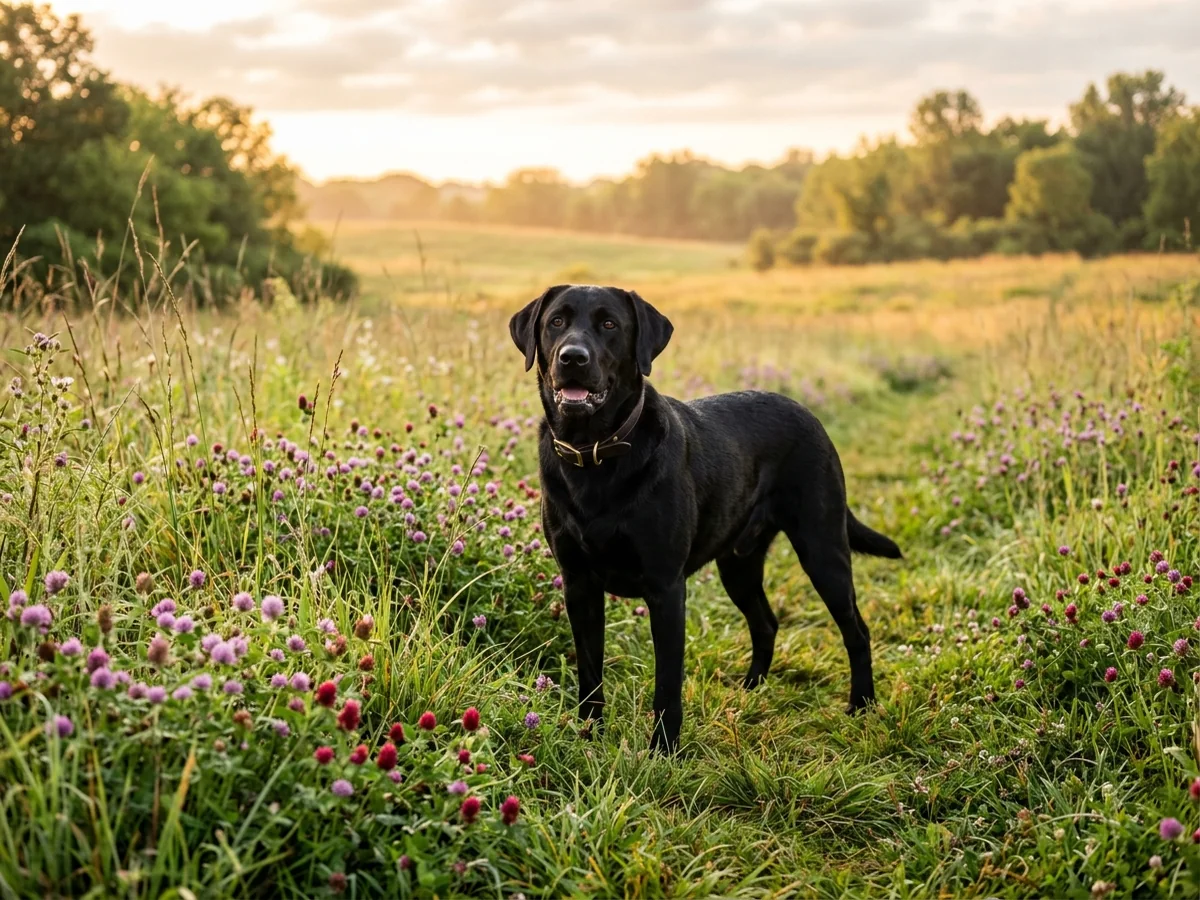 Black Labrador retriever in central Indiana meadow with prairie grasses representing Stonelane Hunter Kennels