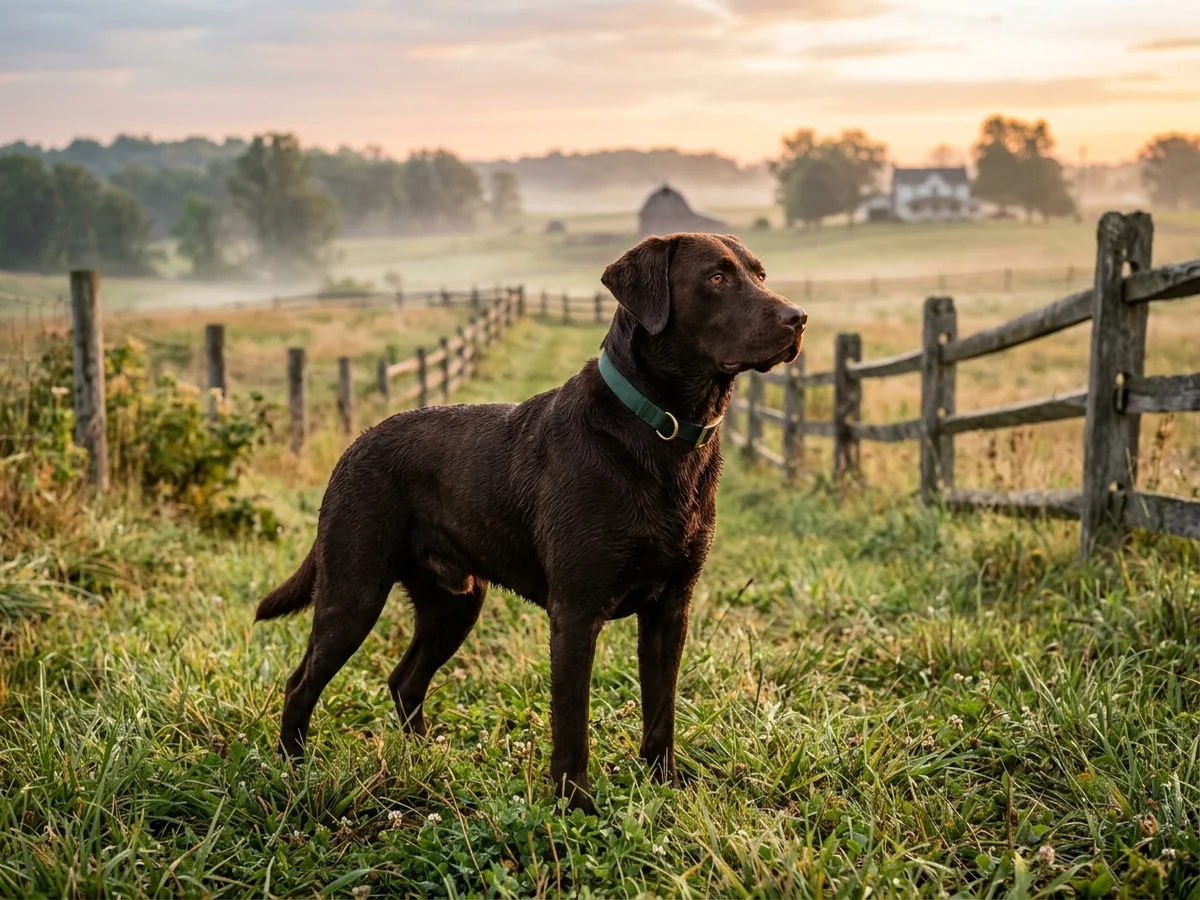 Chocolate Labrador retriever in a NE Indiana Lagrange farm with split-rail fence representing Trinity Oak Labs