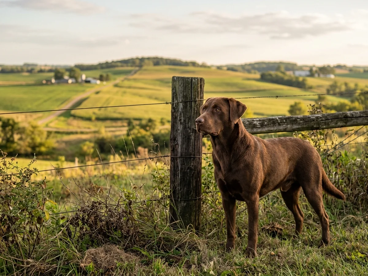 Chocolate Labrador retriever along a Hudson Iowa farm fence representing Buck