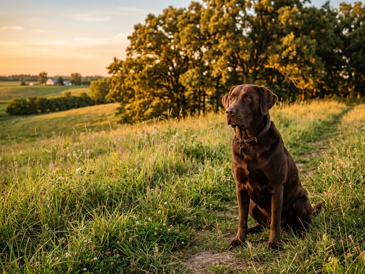 Chocolate Labrador retriever in a central Iowa pasture representing CaveInn Labradors