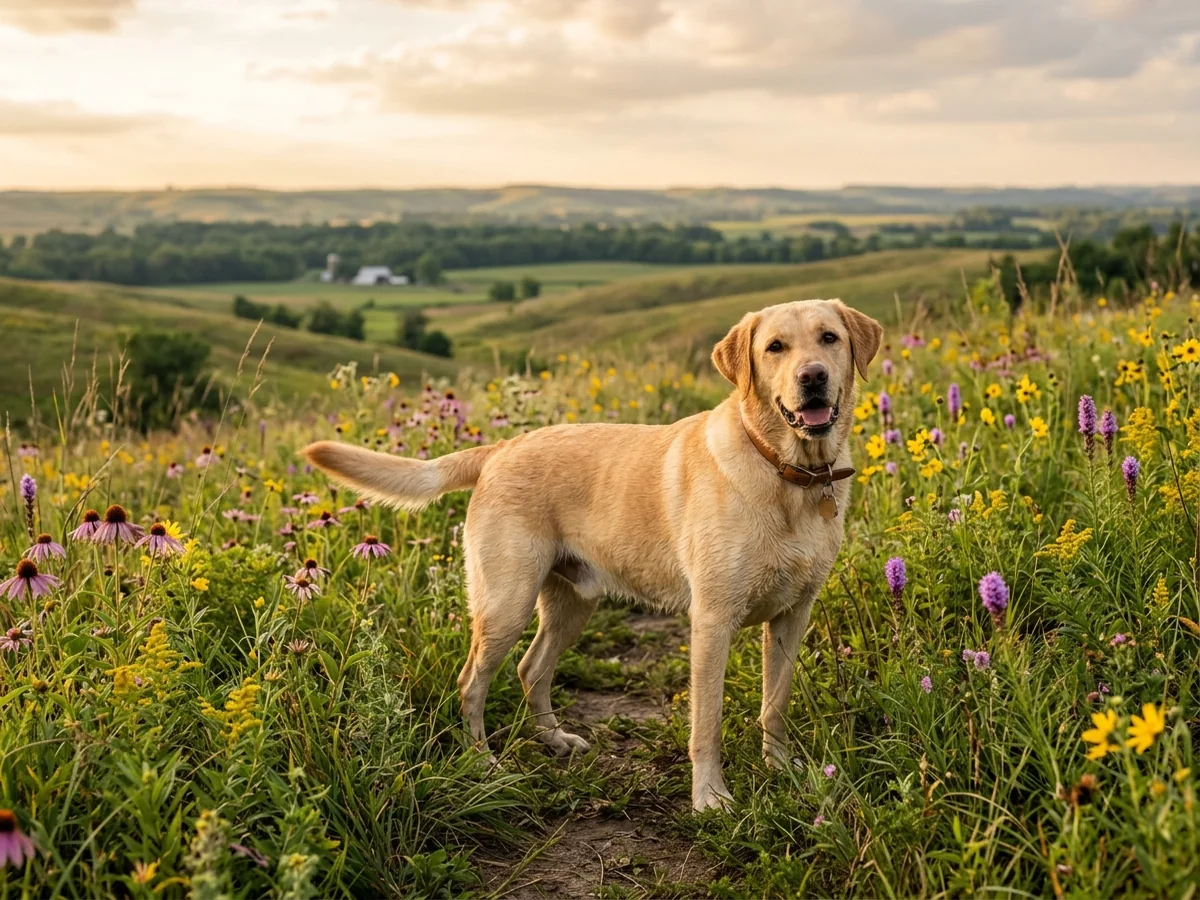 Yellow Labrador retriever in SW Iowa Loess Hills wildflower meadow representing Dusty Road Labradors