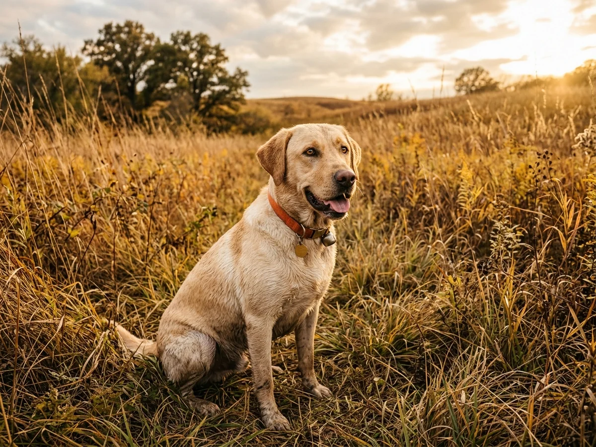 Yellow Labrador retriever in a Marshalltown Iowa pheasant cover representing Hunters Point Kennel