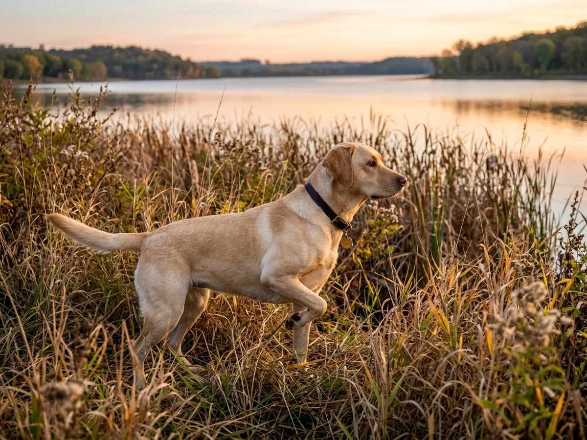 Yellow Labrador retriever in a Lake Red Rock Iowa pheasant cover representing Iowa Pointing Labradors