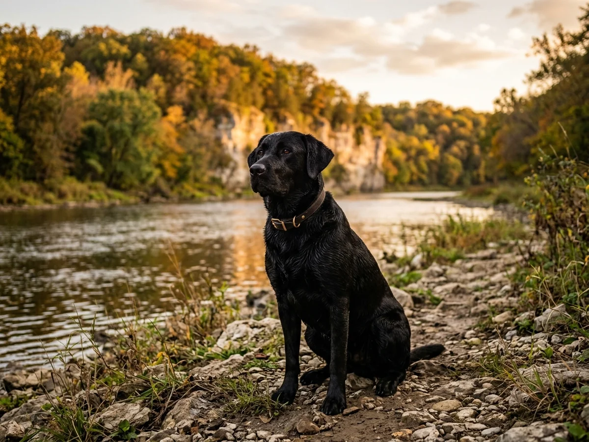 Black Labrador retriever along an east Iowa river bluff representing Iron Hill Retrievers