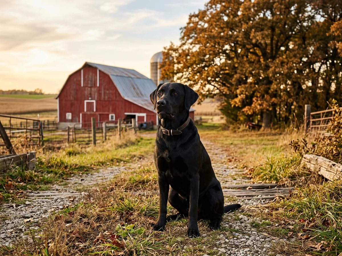 Black Labrador retriever in a Prairie City Iowa farmstead representing Prairiesky Labradors