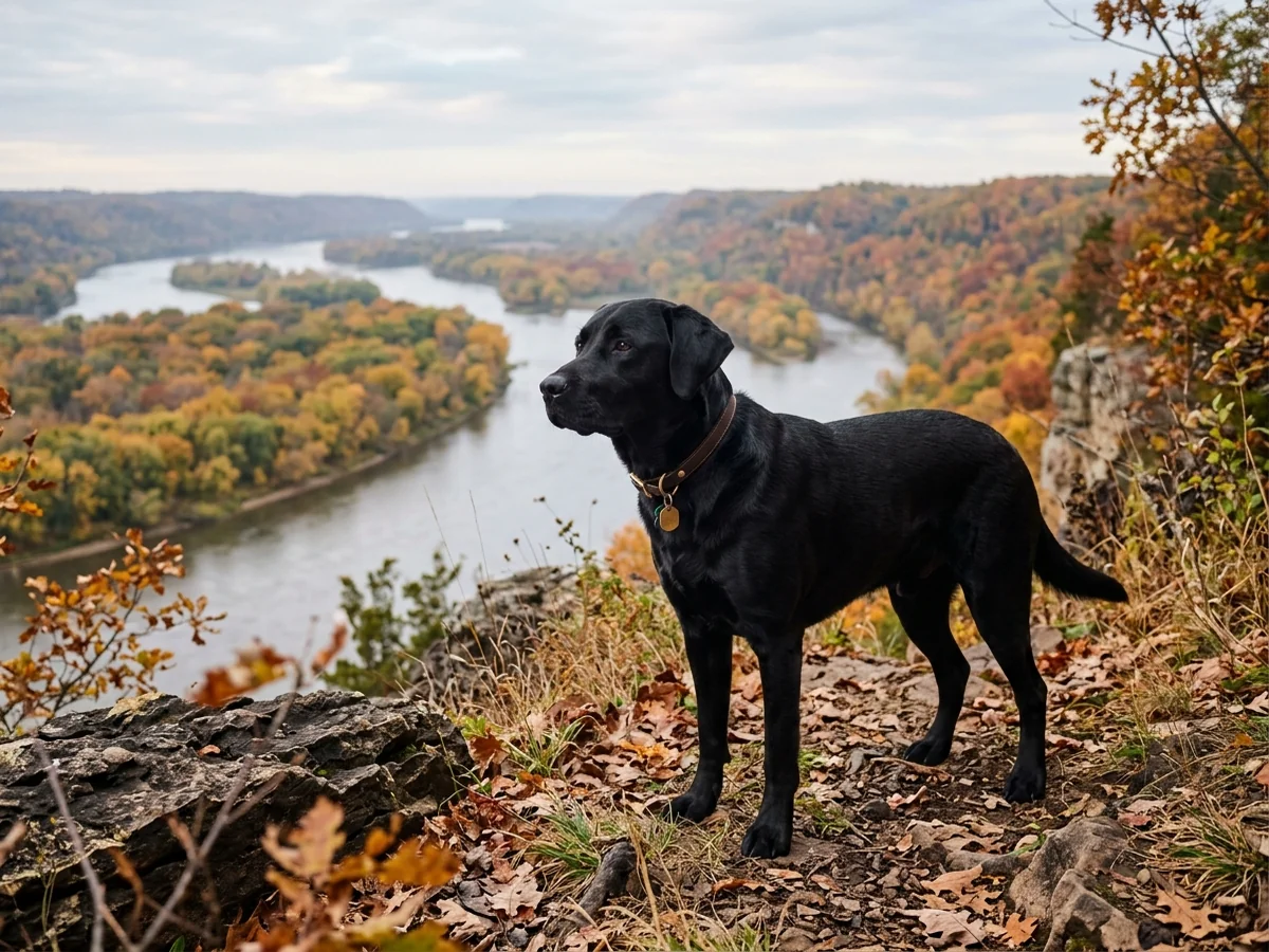 Black Labrador retriever overlooking a NE Iowa Mississippi River bluff representing RidgeView Labradors