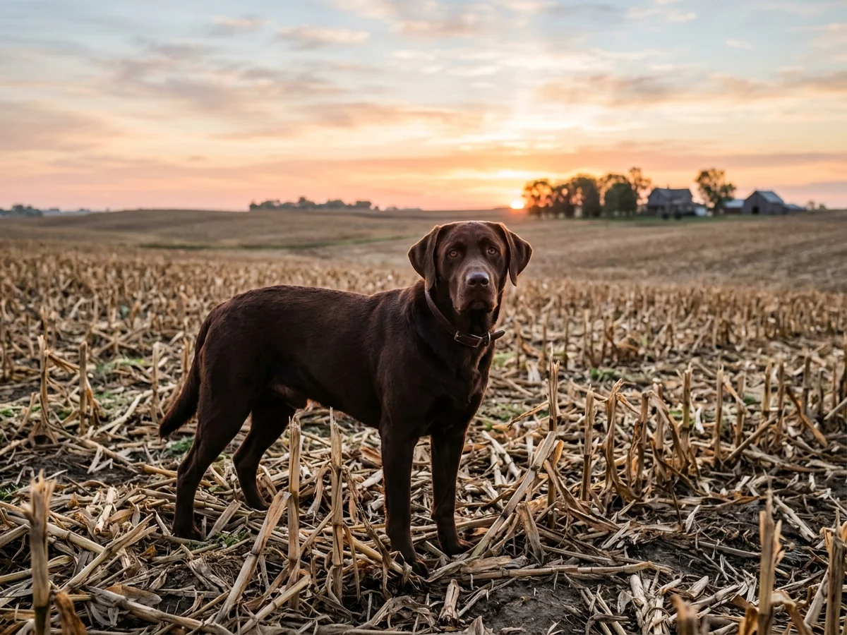 Chocolate Labrador retriever in a SE Iowa farm representing Shadowmyst Labradors