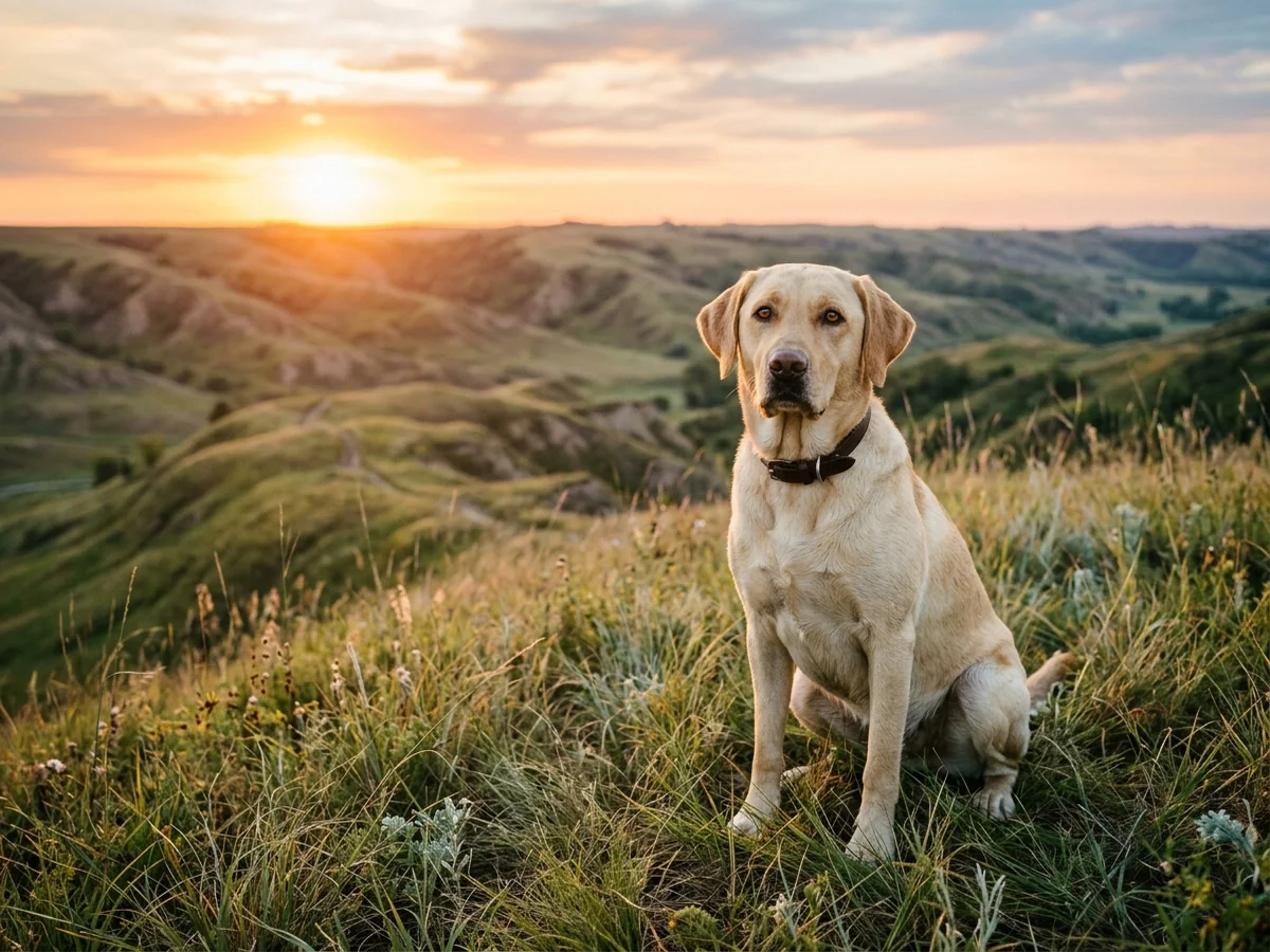 Yellow Labrador retriever in NW Iowa Loess Hills prairie representing Sioux River Retrievers