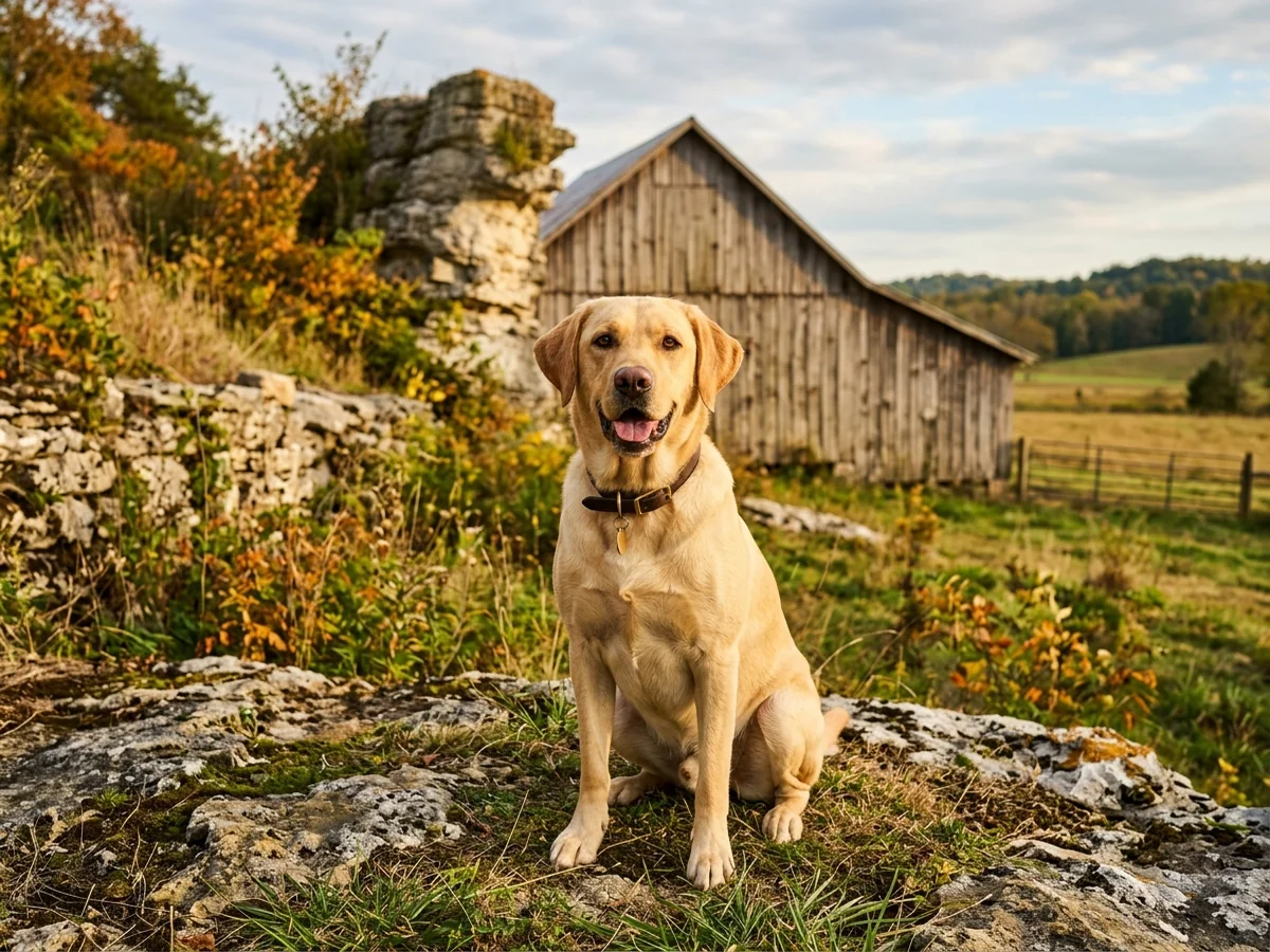 Yellow Labrador retriever in a Bowling Green Kentucky farm with limestone outcrop representing Kentucky Labs