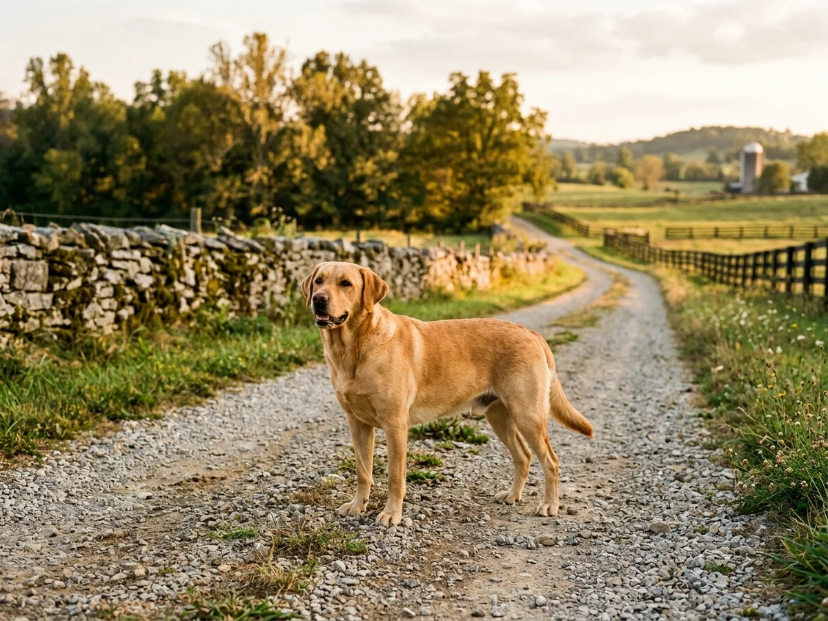 Yellow Labrador retriever on a Bardstown Kentucky farm with limestone wall representing RCM Labradors