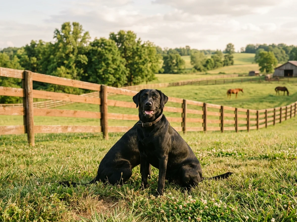 Black Labrador retriever in a Georgetown Kentucky pasture with horse fence representing Snow Ridge Labradors