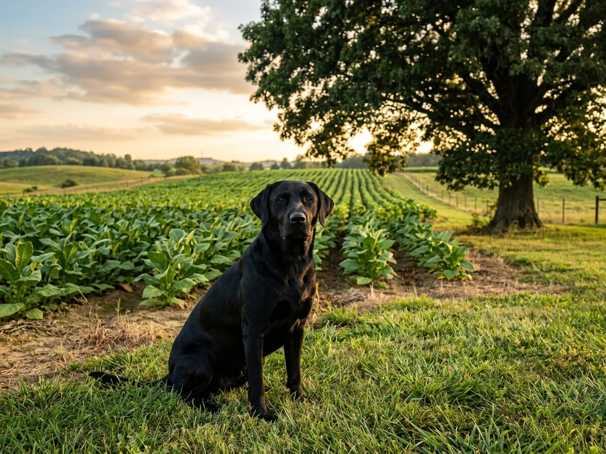 Black Labrador retriever in a central Kentucky tobacco farm field representing Top Notches Labrador Retrievers