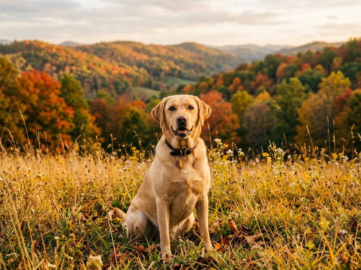 Yellow Labrador retriever in eastern Kentucky Appalachian foothills meadow representing Walnut Creek Labs
