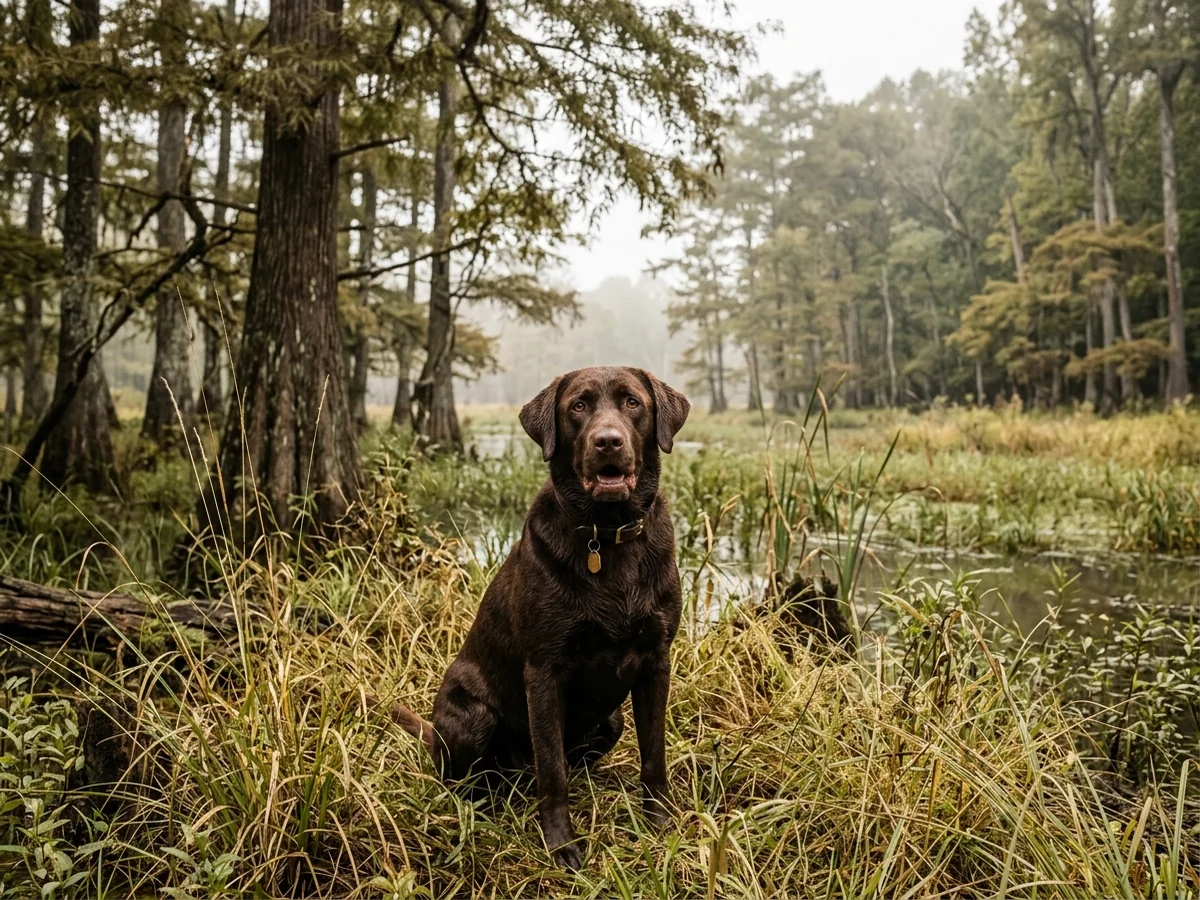 Chocolate Labrador retriever in a western Kentucky river-bottom field with cypress trees representing West Ky Labs