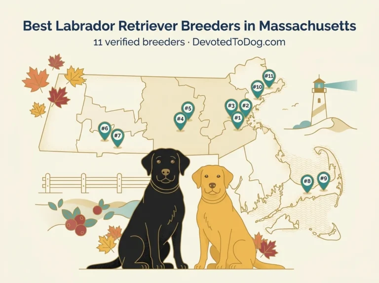 Editorial flat-vector map of Massachusetts showing 11 numbered teal pins for verified Labrador retriever breeders across Boston metro, Worcester, Springfield, Cape Cod, and the North Shore, with black and yellow Labradors in the foreground