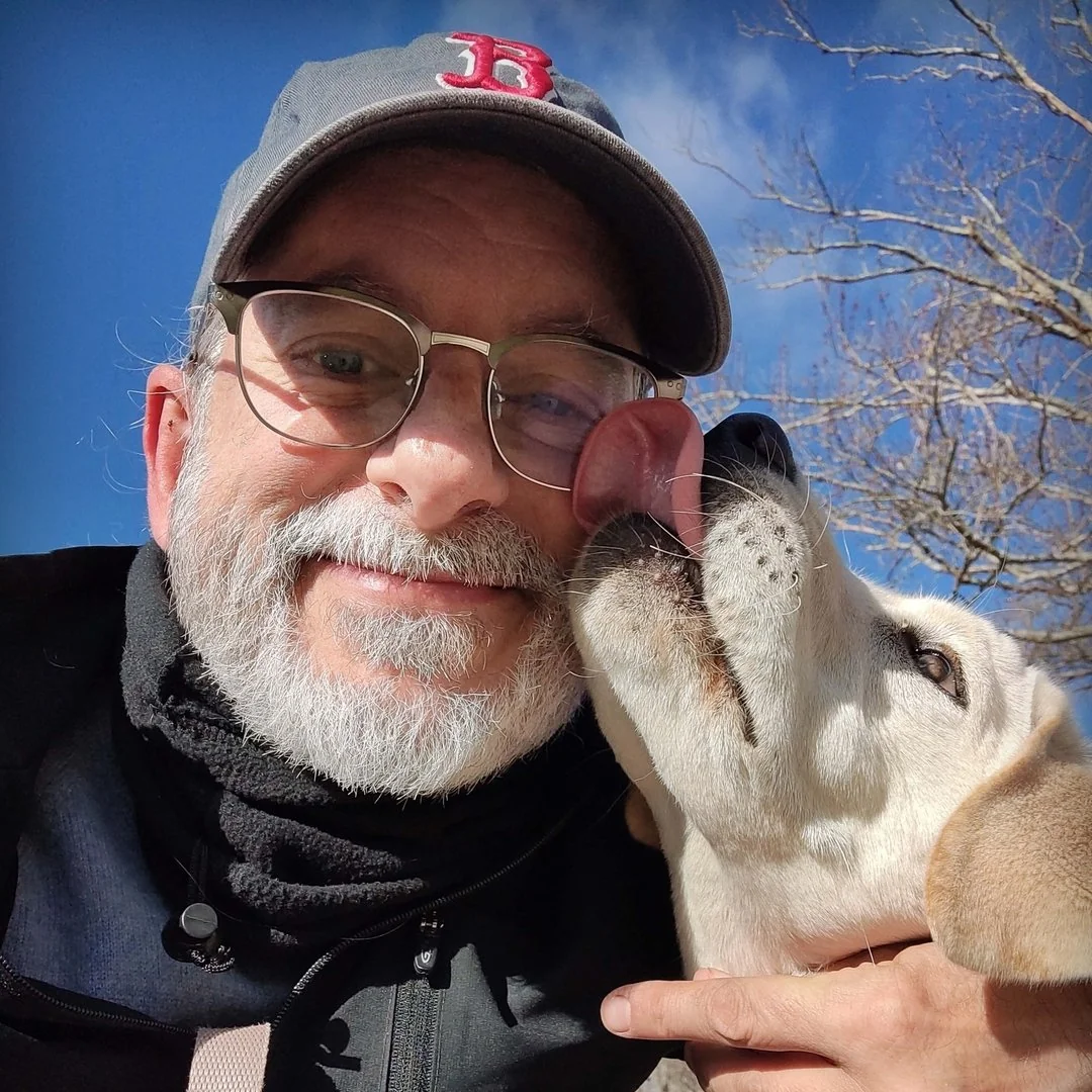 Yellow Labrador retriever with breeder Gabriel Ben-Yosef of NorwellLabs, Norwell, MA