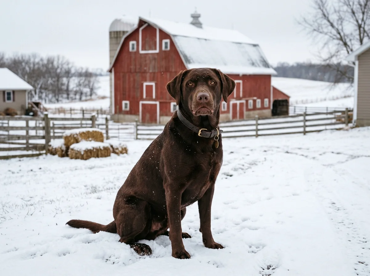 Chocolate Labrador retriever in a Minnesota farm setting representing Captain's Kennels