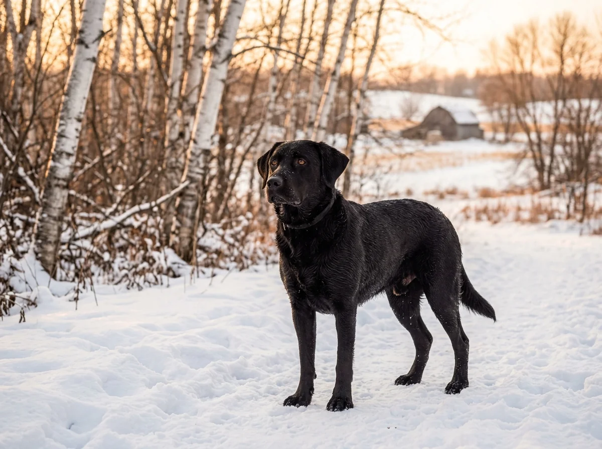 Black Labrador retriever in a Minnesota winter landscape representing the Hayshaker Labs program
