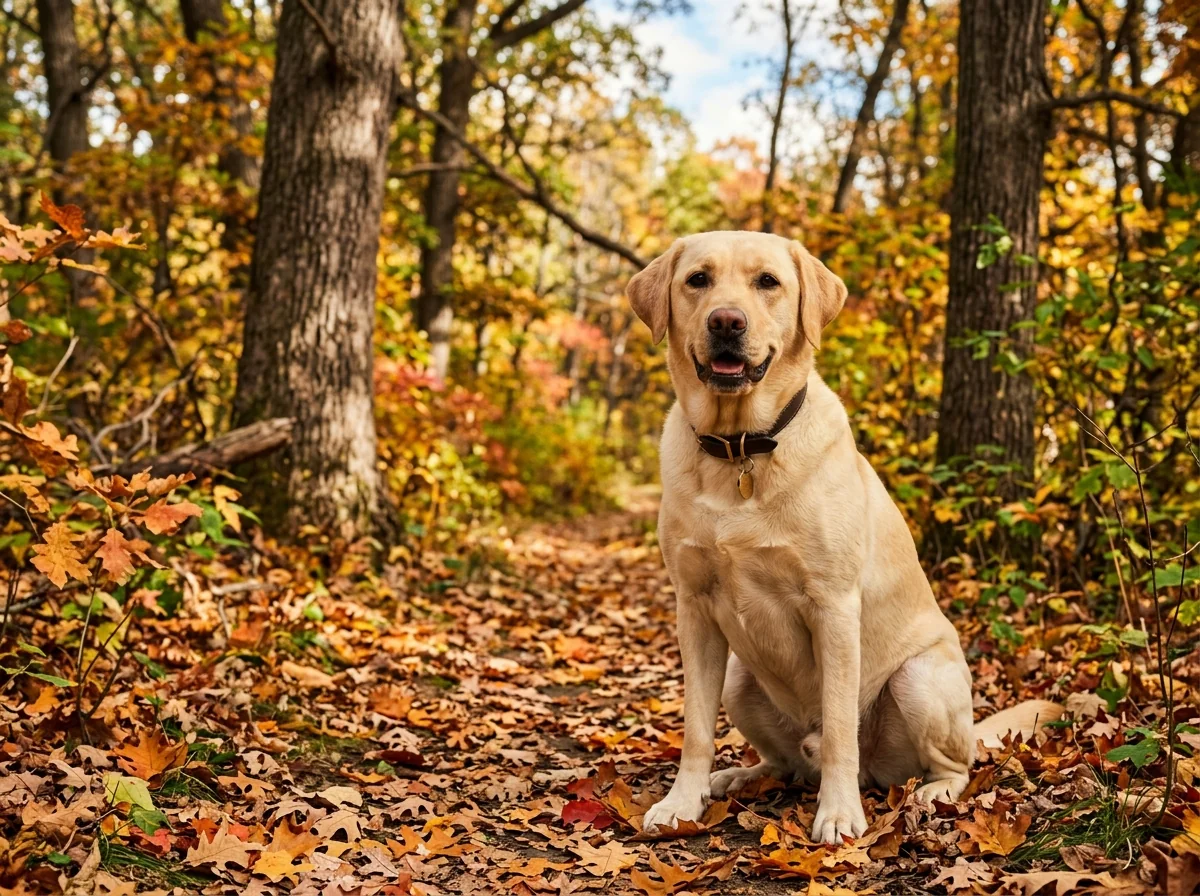 Yellow Labrador retriever in a Minnesota oak grove representing Loyal Oaks Labradors