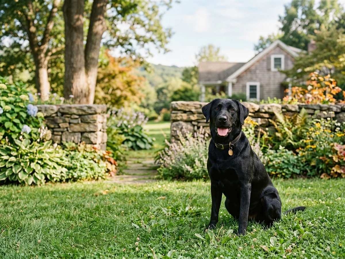 Black Labrador retriever in a Hudson Valley New York stone-walled garden representing Legacy Labradors / Bergerson