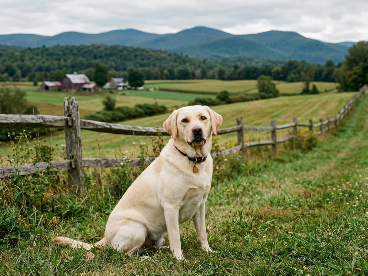Yellow Labrador retriever in a Catskills New York rural farm scene representing Sunset Hill Labradors