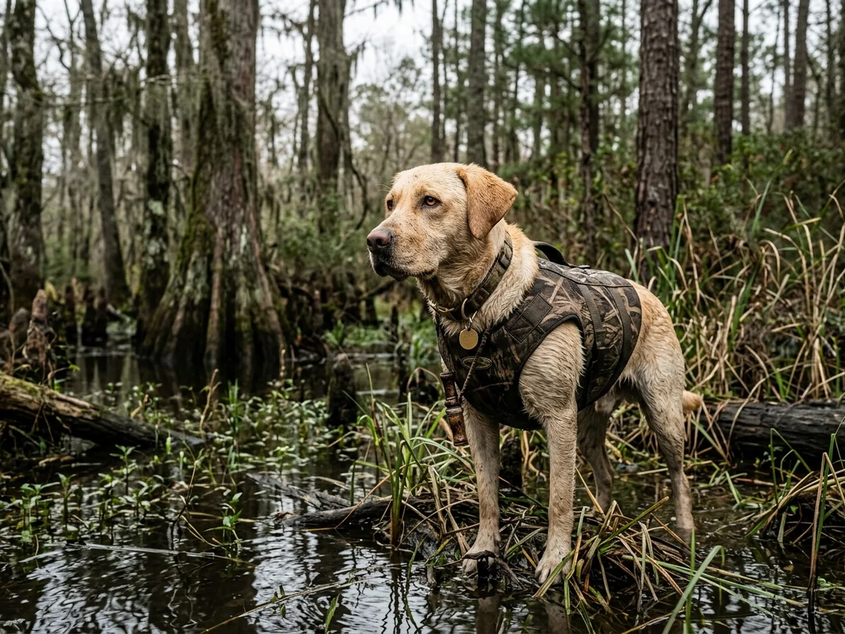 Yellow Labrador retriever in an East Texas piney woods setting, representing Soggy Bottom Retrievers