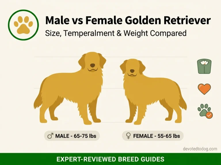 Male vs female golden retriever weight and size comparison showing male at 65-75 lbs and female at 55-65 lbs