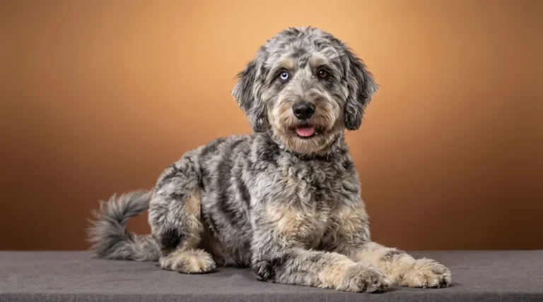 Merle Goldendoodle with blue and brown eyes showing marbled blue-gray wavy coat