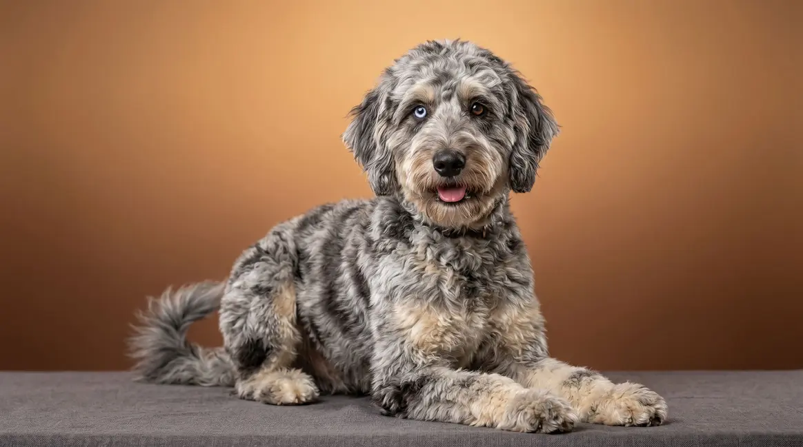 Merle Goldendoodle with blue and brown eyes showing marbled blue-gray wavy coat