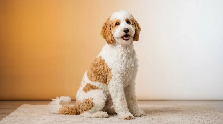Parti Goldendoodle with two-toned white and apricot coat sitting in studio setting
