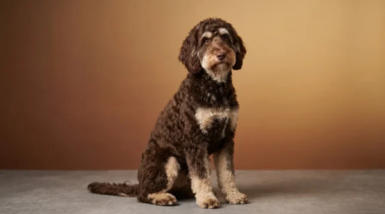 Phantom Goldendoodle with tan markings above eyes, muzzle, chest, and legs on dark coat