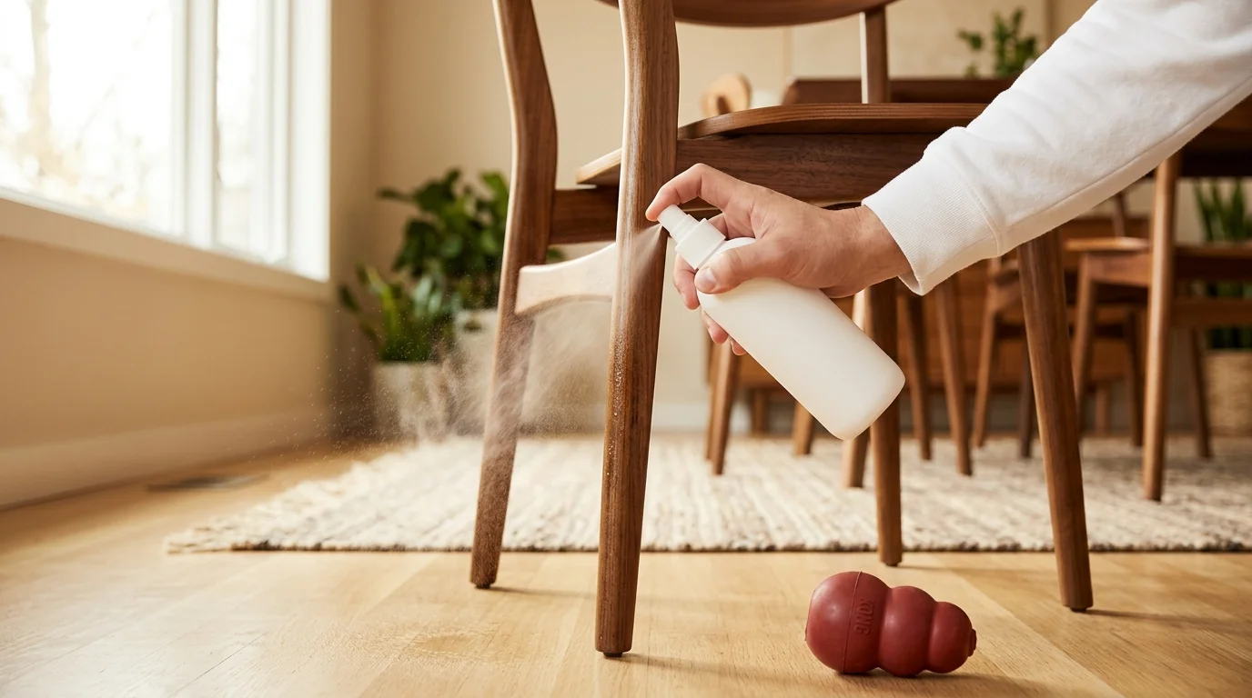 Hand applying anti-chew spray to a wooden chair leg with a Kong chew toy as redirect target on the floor