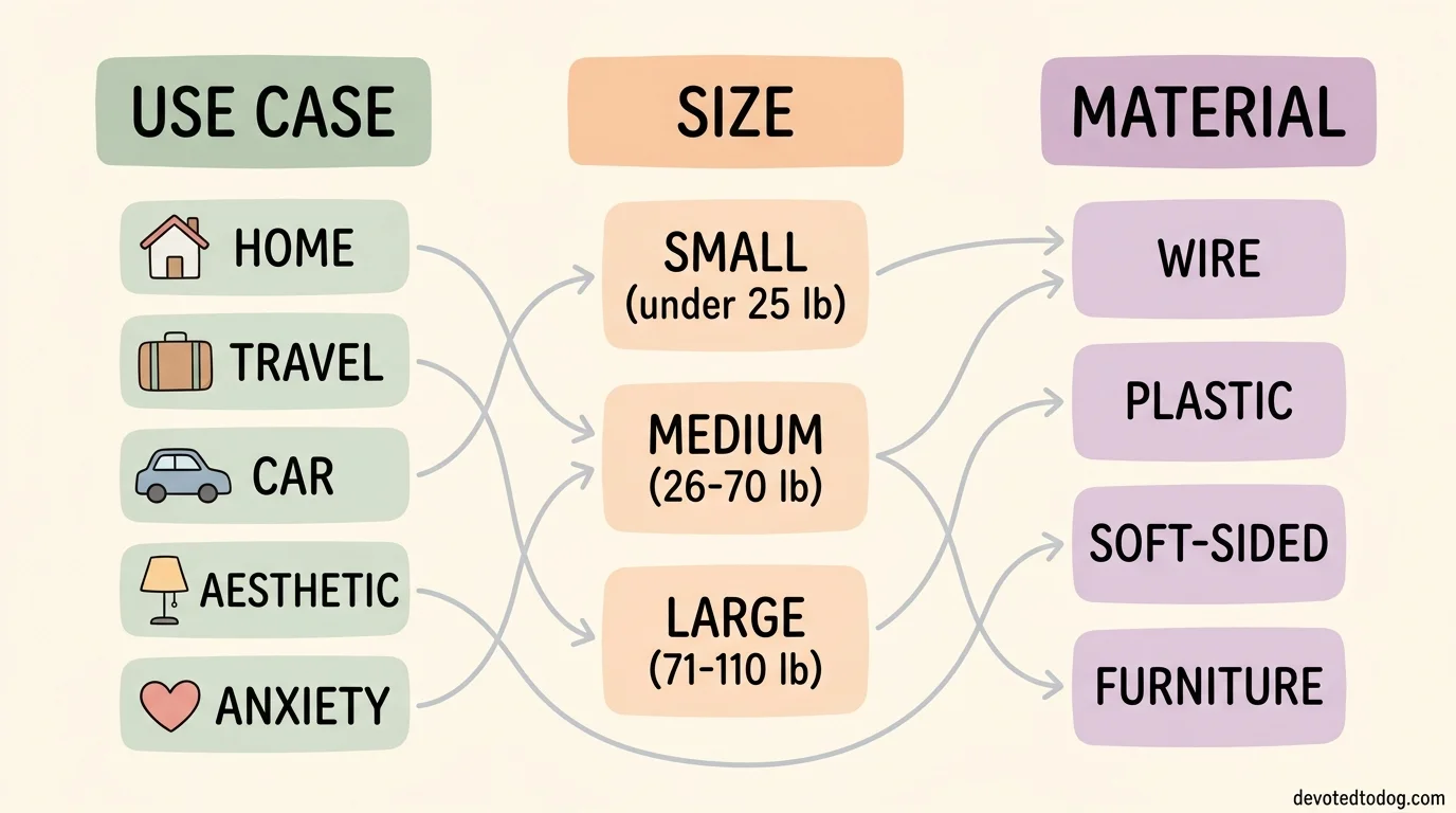 Dog crate selection decision matrix: use case to size to material