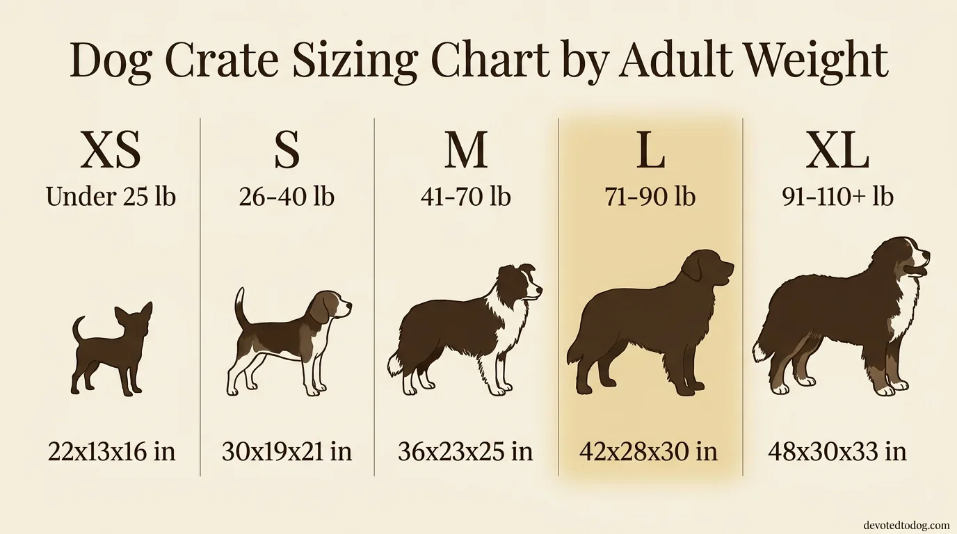 Dog crate sizing chart by adult dog weight from XS to XL
