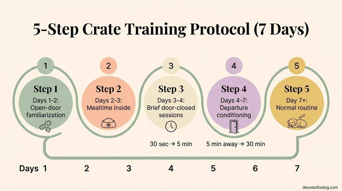 5-step crate training protocol timeline over 7 days