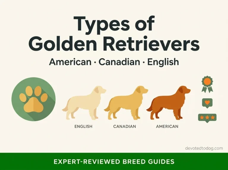 Types of golden retrievers infographic showing English Canadian and American silhouettes side by side with brand colors