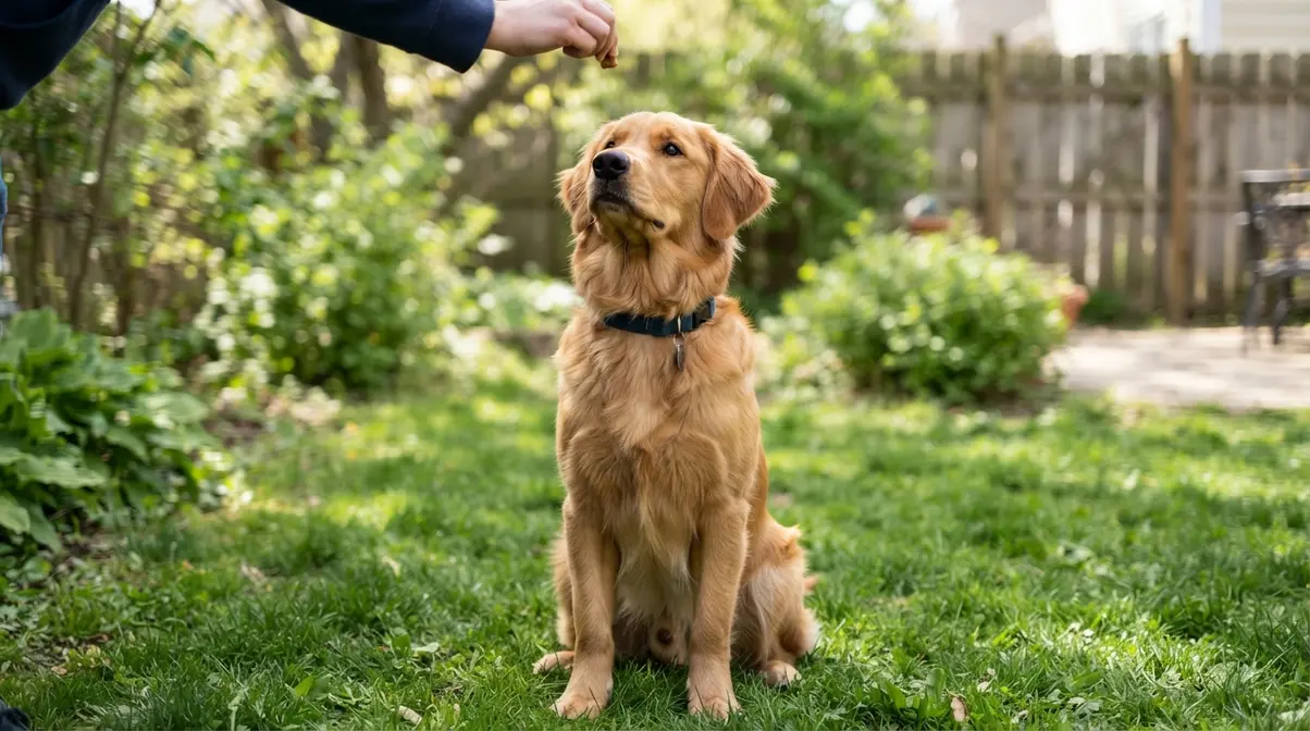 Adolescent Golden Retriever in a training session outdoors during the teenage rebellion phase
