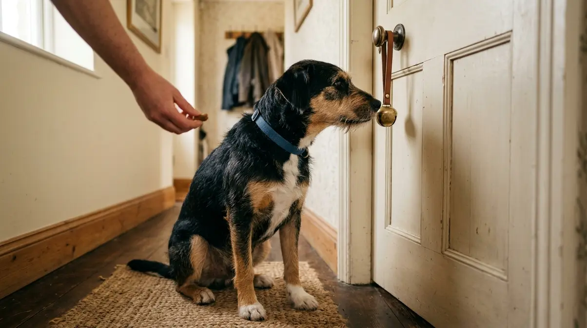 Adult rescue dog touching a potty bell on a door handle during alert training