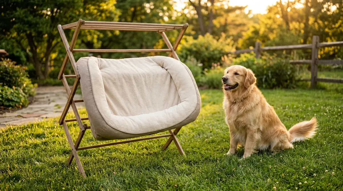 Clean dog bed laid flat on a drying rack in a sunny backyard with a Golden Retriever watching nearby