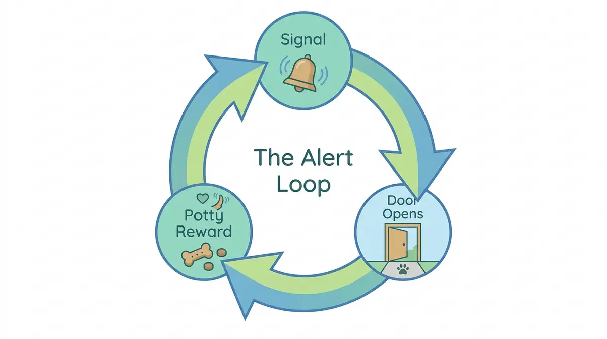 Circular diagram showing the three-step Alert Loop training cycle for teaching dogs to signal outside