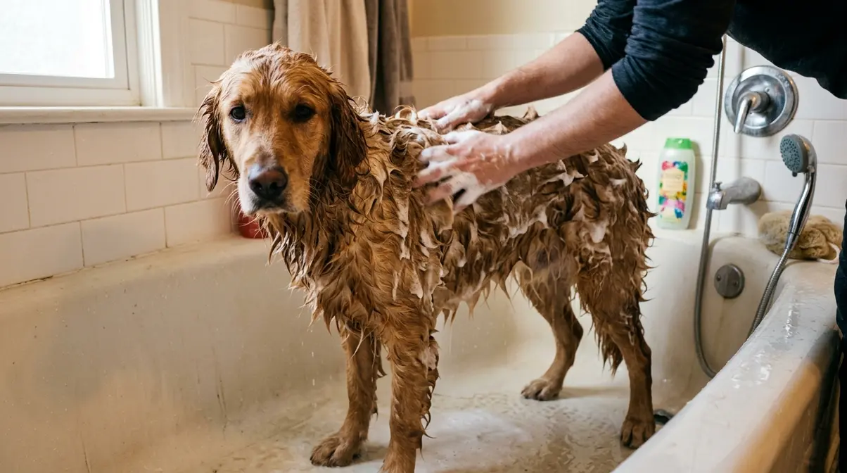 Golden Retriever standing in a bathtub being lathered with dog-safe shampoo during at-home grooming bath