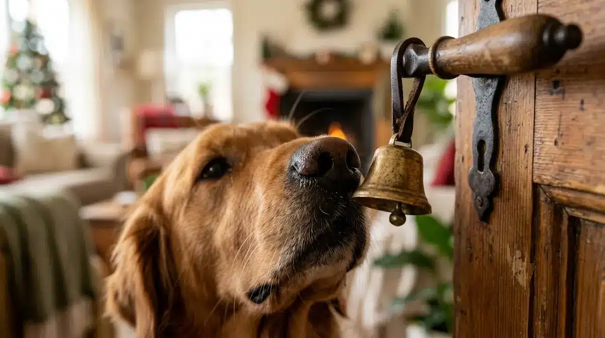 Close-up of a dog's nose touching a jingle bell on a door handle to signal going outside
