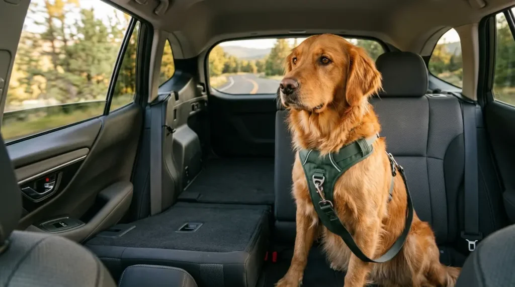 Golden retriever wearing a chest harness secured to a car seat belt in an SUV back seat