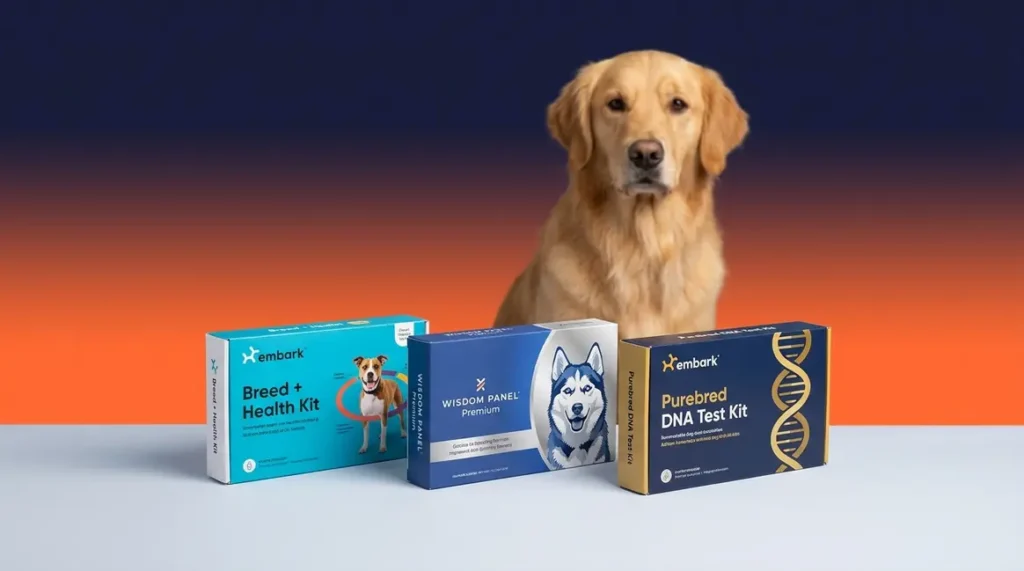 Three best dog DNA test kits compared side by side with a Golden Retriever in background