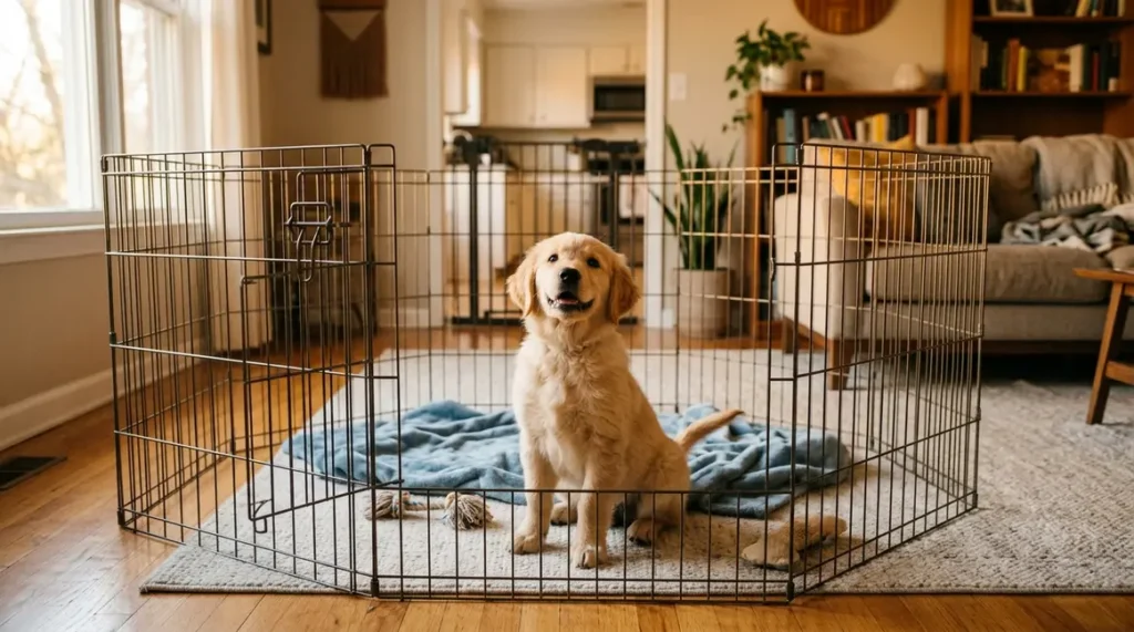Golden Retriever puppy sitting inside a metal dog playpen in a warm home interior