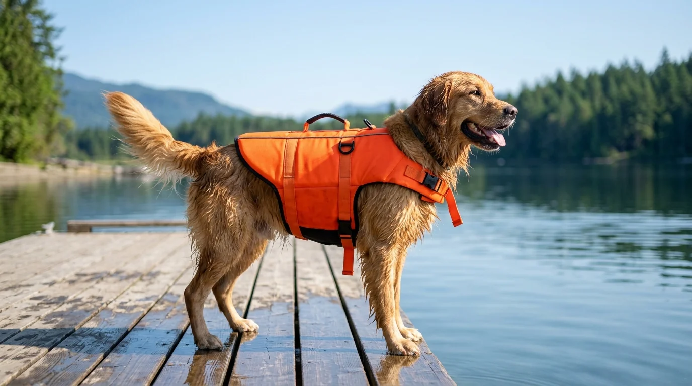 Golden Retriever wearing a bright orange dog life jacket with a grab handle on a lake dock, ready to swim safely